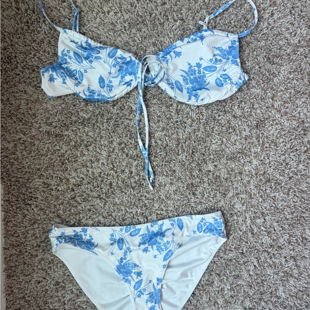 LoveShackFancy White and Blue Floral Bikini